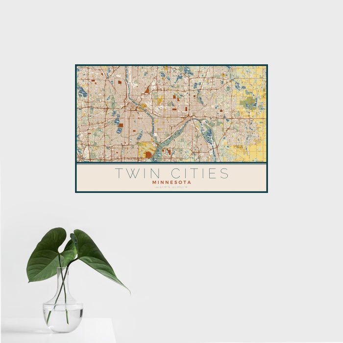 16x24 Twin Cities Minnesota Map Print Landscape Orientation in Woodblock Style With Tropical Plant Leaves in Water