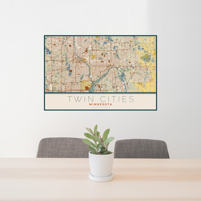 24x36 Twin Cities Minnesota Map Print Landscape Orientation in Woodblock Style Behind 2 Chairs Table and Potted Plant