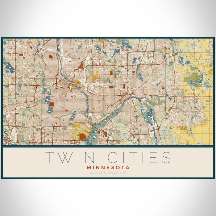 Twin Cities Minnesota Map Print Landscape Orientation in Woodblock Style With Shaded Background