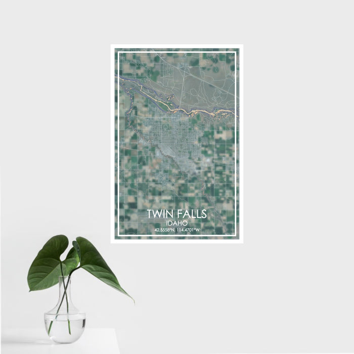 16x24 Twin Falls Idaho Map Print Portrait Orientation in Afternoon Style With Tropical Plant Leaves in Water