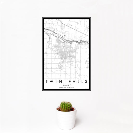 12x18 Twin Falls Idaho Map Print Portrait Orientation in Classic Style With Small Cactus Plant in White Planter