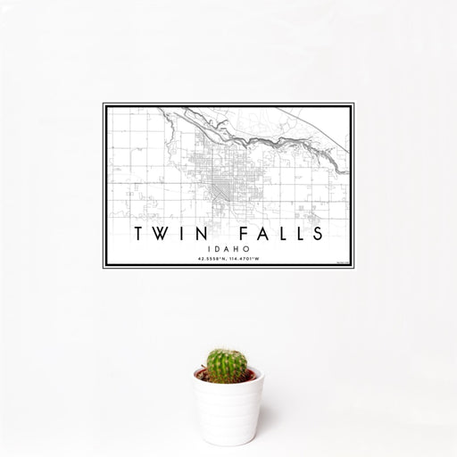 12x18 Twin Falls Idaho Map Print Landscape Orientation in Classic Style With Small Cactus Plant in White Planter