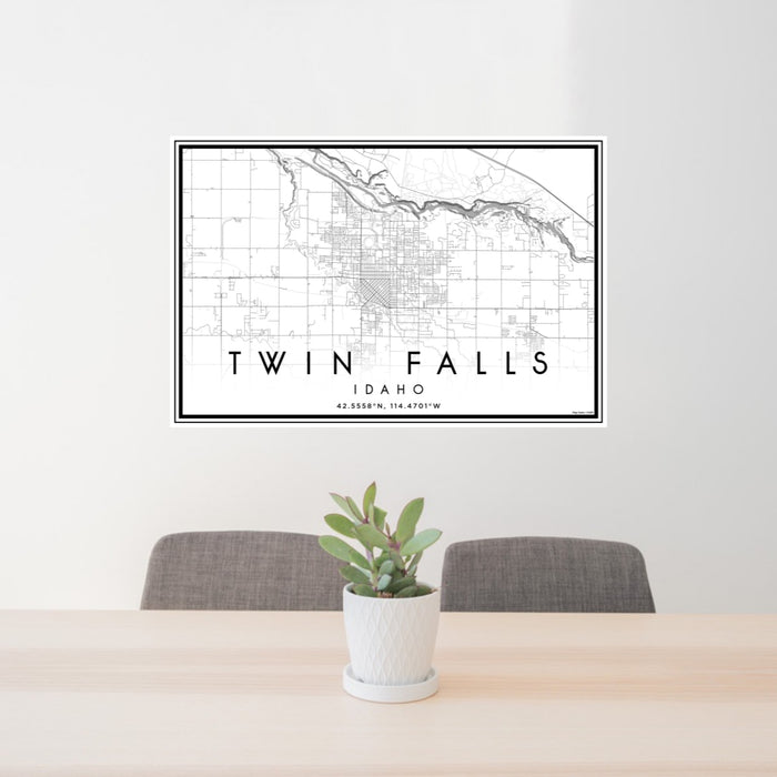 24x36 Twin Falls Idaho Map Print Landscape Orientation in Classic Style Behind 2 Chairs Table and Potted Plant