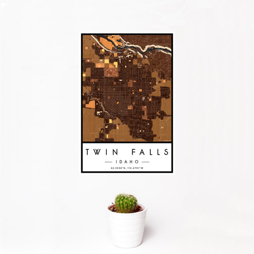 12x18 Twin Falls Idaho Map Print Portrait Orientation in Ember Style With Small Cactus Plant in White Planter