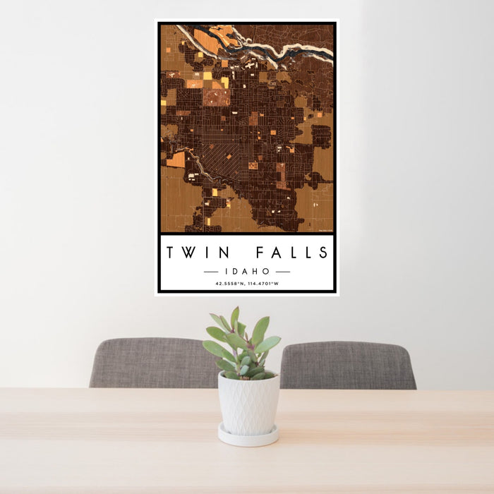 24x36 Twin Falls Idaho Map Print Portrait Orientation in Ember Style Behind 2 Chairs Table and Potted Plant