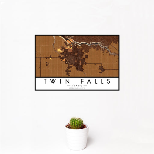 12x18 Twin Falls Idaho Map Print Landscape Orientation in Ember Style With Small Cactus Plant in White Planter