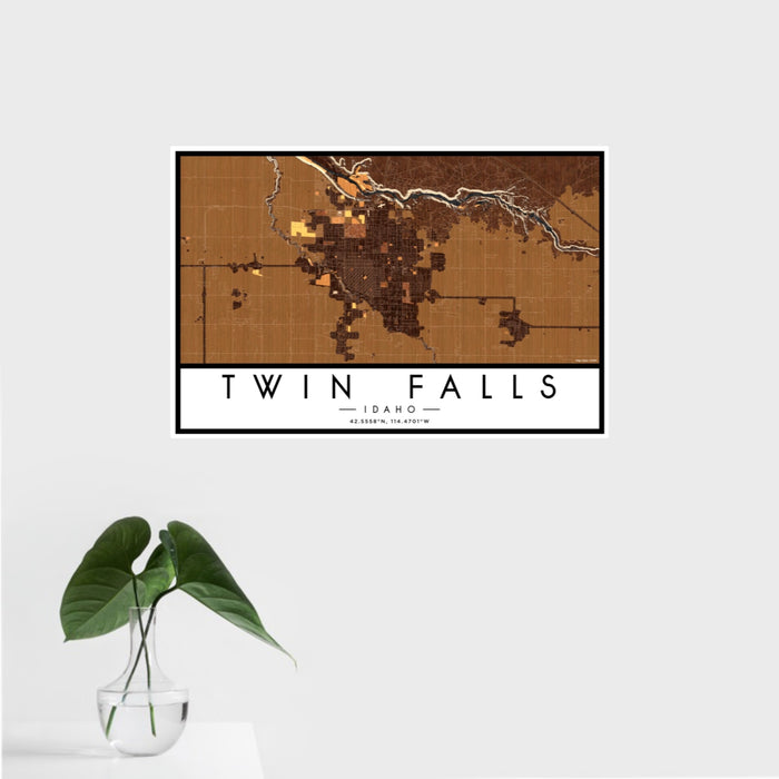 16x24 Twin Falls Idaho Map Print Landscape Orientation in Ember Style With Tropical Plant Leaves in Water