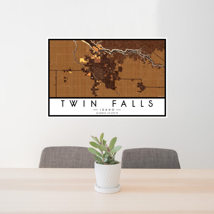 24x36 Twin Falls Idaho Map Print Landscape Orientation in Ember Style Behind 2 Chairs Table and Potted Plant
