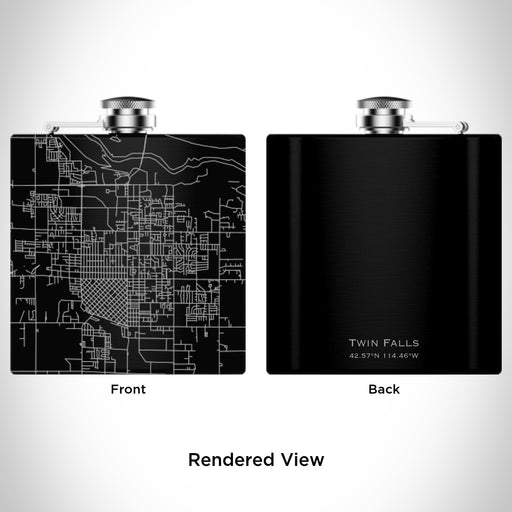 Rendered View of Twin Falls Idaho Map Engraving on 6oz Stainless Steel Flask in Black