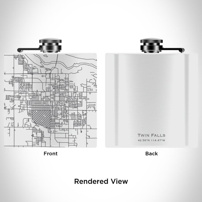 Rendered View of Twin Falls Idaho Map Engraving on 6oz Stainless Steel Flask in White