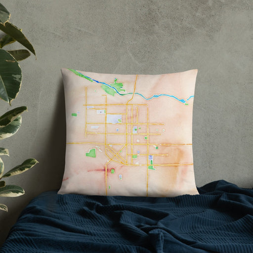 Custom Twin Falls Idaho Map Throw Pillow in Watercolor on Bedding Against Wall