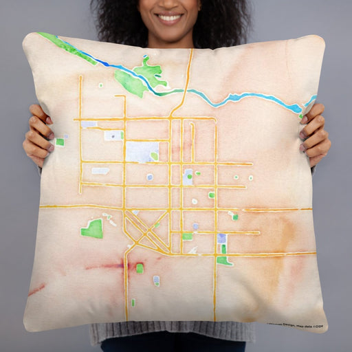 Person holding 22x22 Custom Twin Falls Idaho Map Throw Pillow in Watercolor