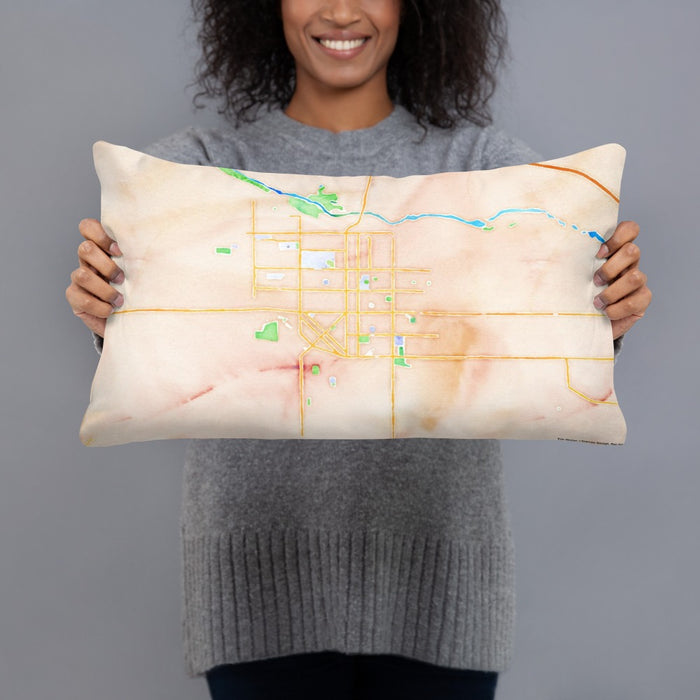 Person holding 20x12 Custom Twin Falls Idaho Map Throw Pillow in Watercolor