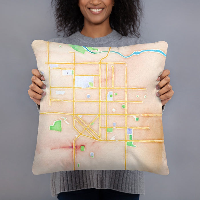 Person holding 18x18 Custom Twin Falls Idaho Map Throw Pillow in Watercolor