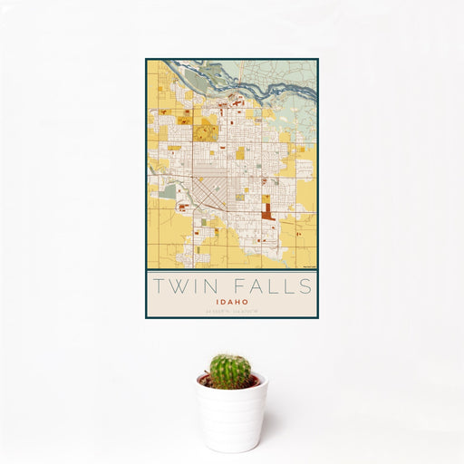12x18 Twin Falls Idaho Map Print Portrait Orientation in Woodblock Style With Small Cactus Plant in White Planter