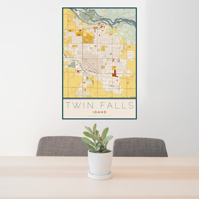 24x36 Twin Falls Idaho Map Print Portrait Orientation in Woodblock Style Behind 2 Chairs Table and Potted Plant