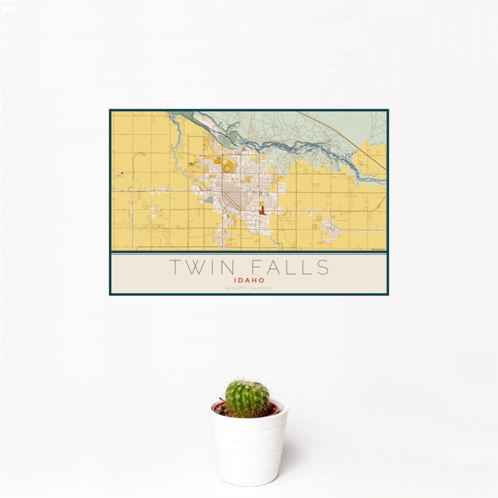 12x18 Twin Falls Idaho Map Print Landscape Orientation in Woodblock Style With Small Cactus Plant in White Planter