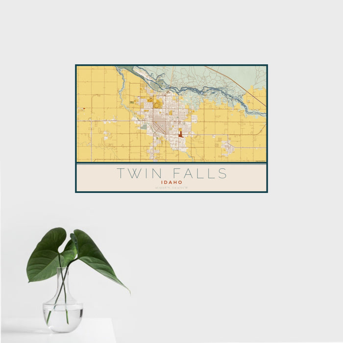 16x24 Twin Falls Idaho Map Print Landscape Orientation in Woodblock Style With Tropical Plant Leaves in Water