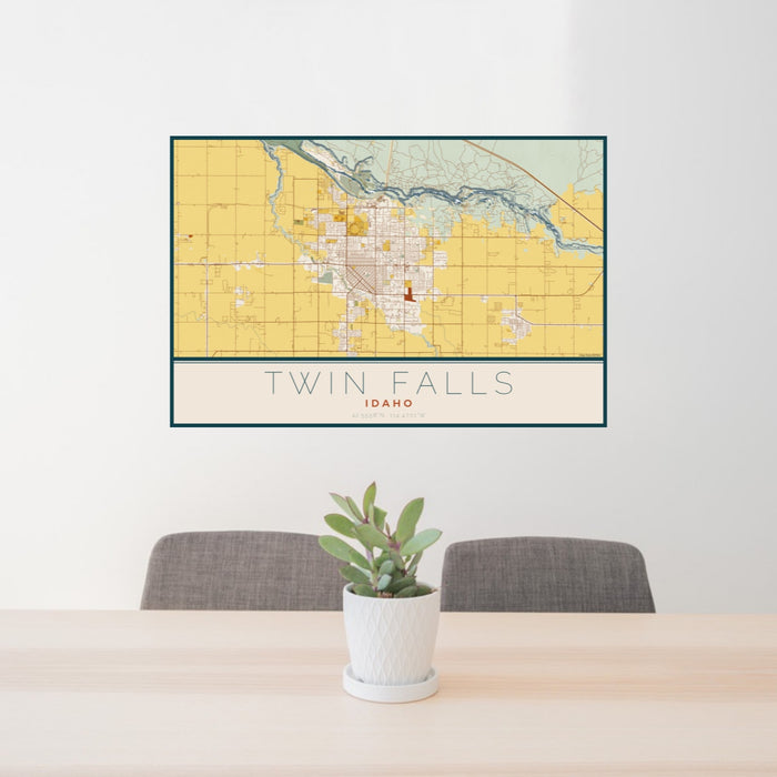 24x36 Twin Falls Idaho Map Print Landscape Orientation in Woodblock Style Behind 2 Chairs Table and Potted Plant