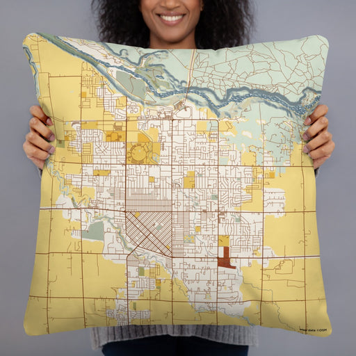 Person holding 22x22 Custom Twin Falls Idaho Map Throw Pillow in Woodblock