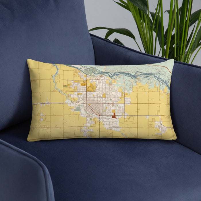Custom Twin Falls Idaho Map Throw Pillow in Woodblock on Blue Colored Chair