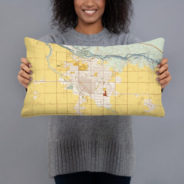 Person holding 20x12 Custom Twin Falls Idaho Map Throw Pillow in Woodblock