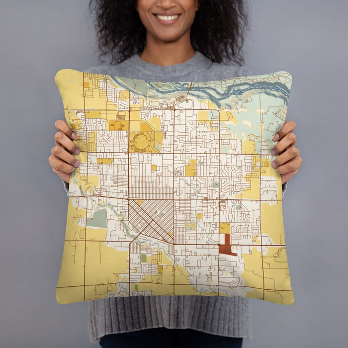 Person holding 18x18 Custom Twin Falls Idaho Map Throw Pillow in Woodblock