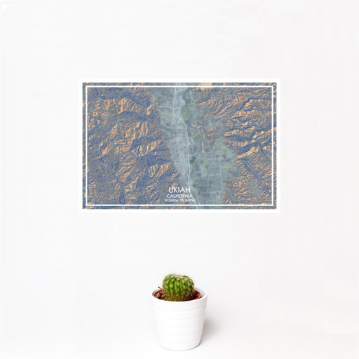 12x18 Ukiah California Map Print Landscape Orientation in Afternoon Style With Small Cactus Plant in White Planter