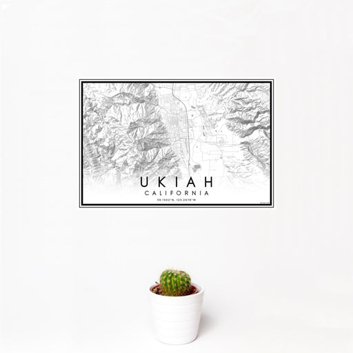 12x18 Ukiah California Map Print Landscape Orientation in Classic Style With Small Cactus Plant in White Planter