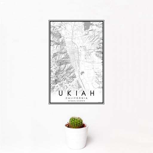 12x18 Ukiah California Map Print Portrait Orientation in Classic Style With Small Cactus Plant in White Planter