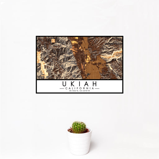 12x18 Ukiah California Map Print Landscape Orientation in Ember Style With Small Cactus Plant in White Planter