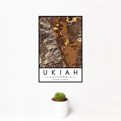 12x18 Ukiah California Map Print Portrait Orientation in Ember Style With Small Cactus Plant in White Planter