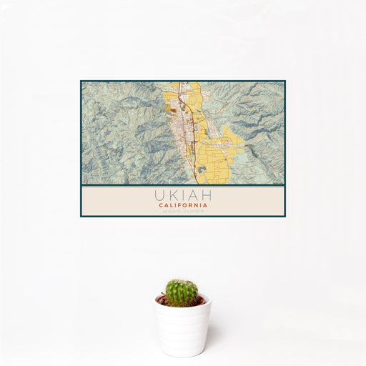 12x18 Ukiah California Map Print Landscape Orientation in Woodblock Style With Small Cactus Plant in White Planter
