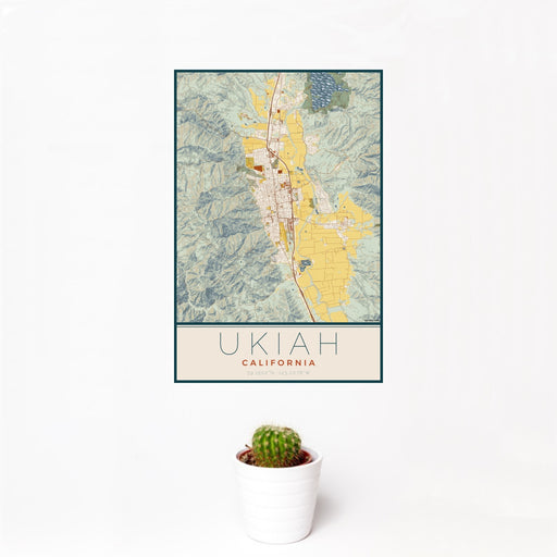 12x18 Ukiah California Map Print Portrait Orientation in Woodblock Style With Small Cactus Plant in White Planter