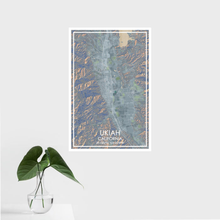16x24 Ukiah California Map Print Portrait Orientation in Afternoon Style With Tropical Plant Leaves in Water