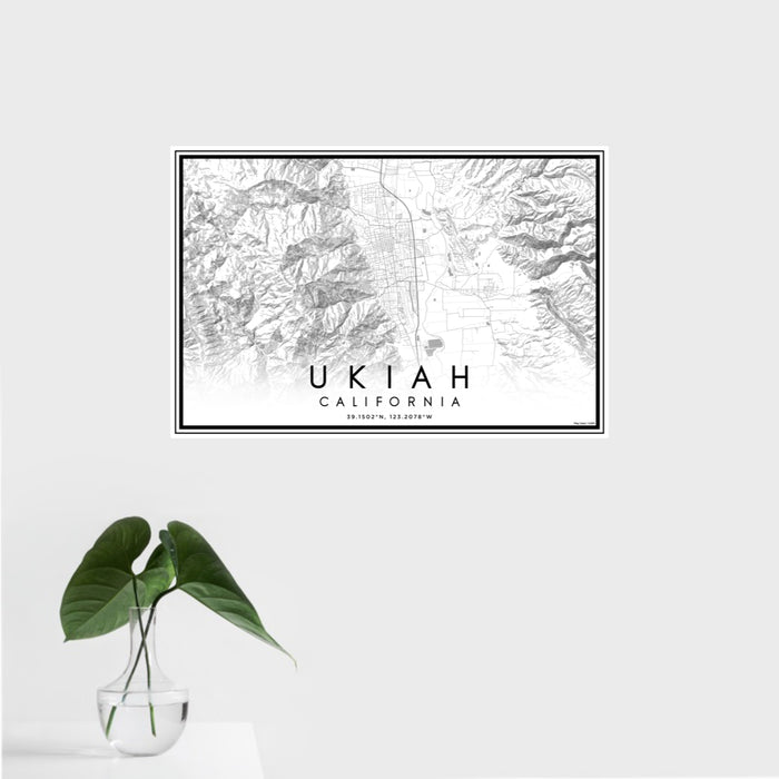 16x24 Ukiah California Map Print Landscape Orientation in Classic Style With Tropical Plant Leaves in Water