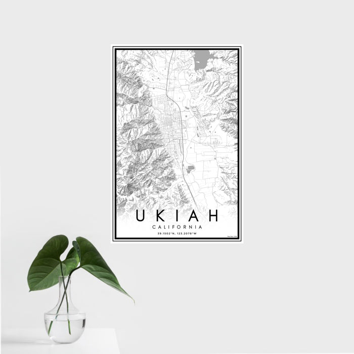 16x24 Ukiah California Map Print Portrait Orientation in Classic Style With Tropical Plant Leaves in Water