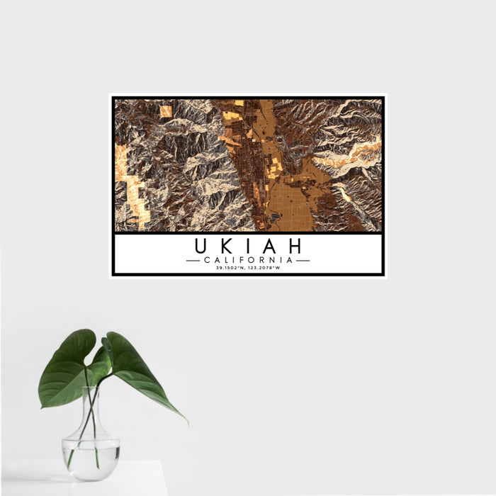 16x24 Ukiah California Map Print Landscape Orientation in Ember Style With Tropical Plant Leaves in Water