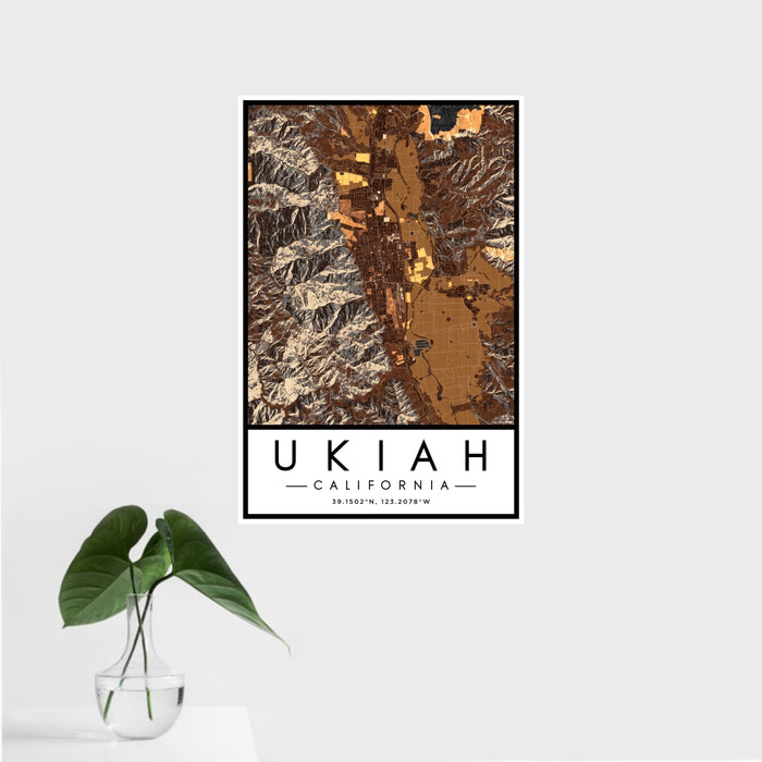 16x24 Ukiah California Map Print Portrait Orientation in Ember Style With Tropical Plant Leaves in Water