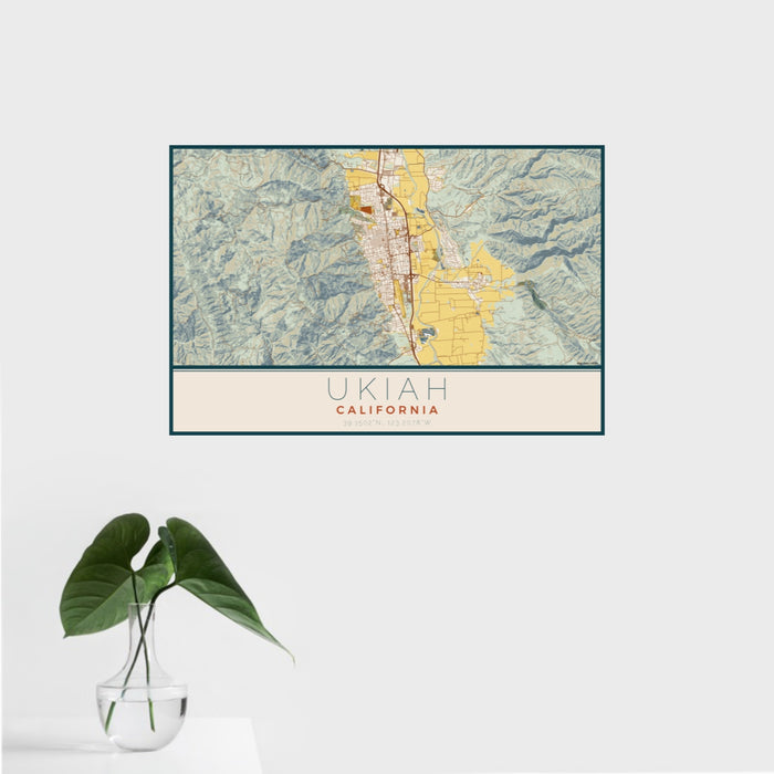 16x24 Ukiah California Map Print Landscape Orientation in Woodblock Style With Tropical Plant Leaves in Water