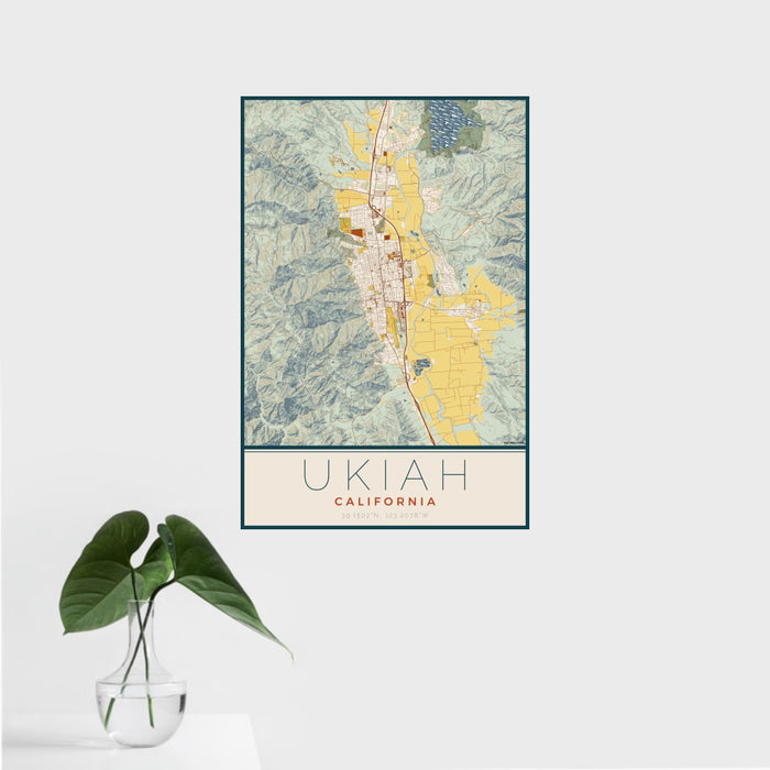 16x24 Ukiah California Map Print Portrait Orientation in Woodblock Style With Tropical Plant Leaves in Water