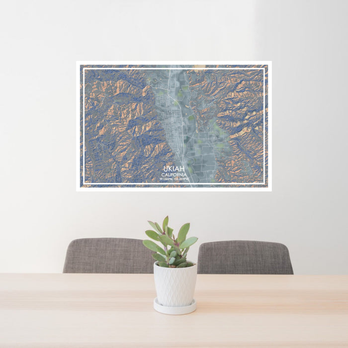24x36 Ukiah California Map Print Lanscape Orientation in Afternoon Style Behind 2 Chairs Table and Potted Plant