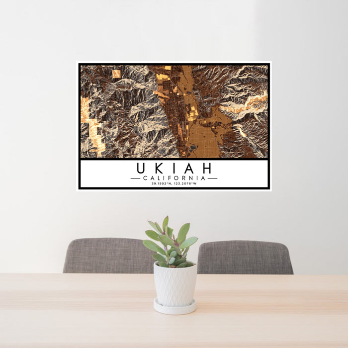24x36 Ukiah California Map Print Lanscape Orientation in Ember Style Behind 2 Chairs Table and Potted Plant