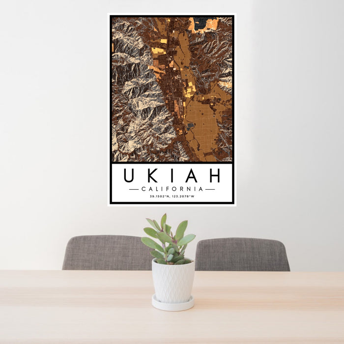 24x36 Ukiah California Map Print Portrait Orientation in Ember Style Behind 2 Chairs Table and Potted Plant
