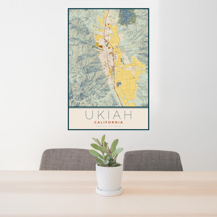 24x36 Ukiah California Map Print Portrait Orientation in Woodblock Style Behind 2 Chairs Table and Potted Plant