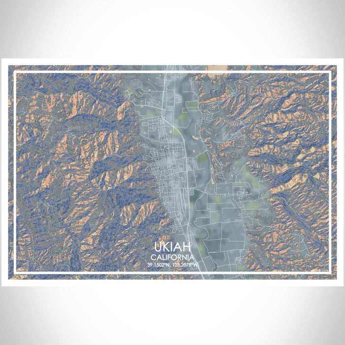 Ukiah California Map Print Landscape Orientation in Afternoon Style With Shaded Background