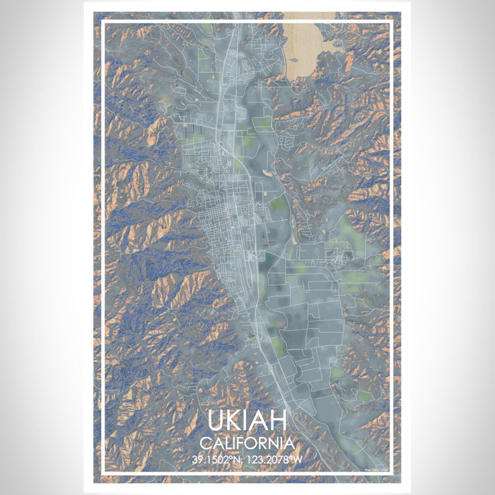Ukiah California Map Print Portrait Orientation in Afternoon Style With Shaded Background