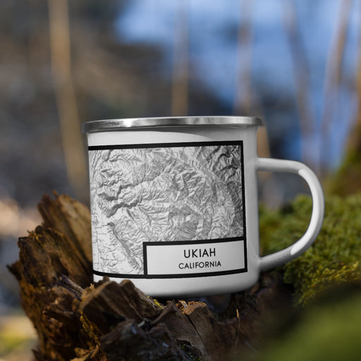Right View Custom Ukiah California Map Enamel Mug in Classic on Grass With Trees in Background