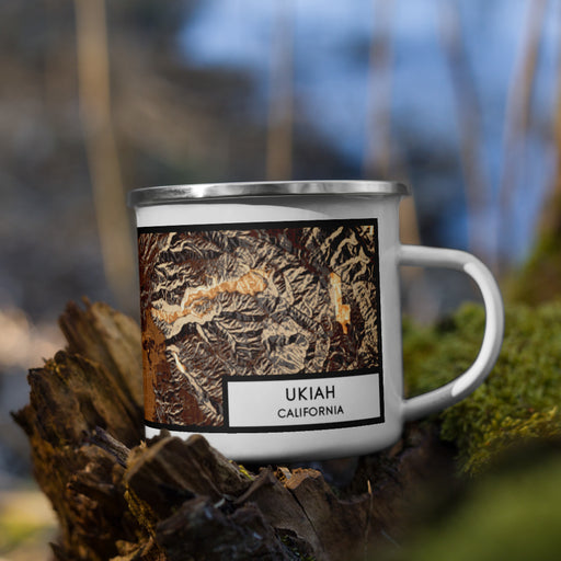 Right View Custom Ukiah California Map Enamel Mug in Ember on Grass With Trees in Background