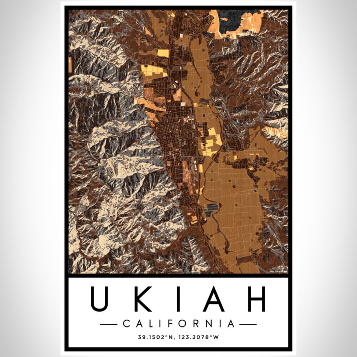 Ukiah California Map Print Portrait Orientation in Ember Style With Shaded Background